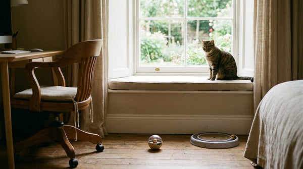 A tabby cat sitting on a window perch looking outside with a treat ball and a round track toy on the floor below