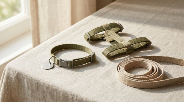 A breakaway cat collar beside an H-style cat harness and leash arranged on a neutral surface
