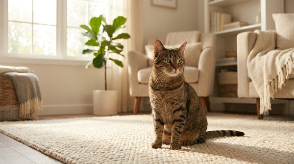 A calm tabby cat sitting upright and alert on a rug in a tidy sunlit living room