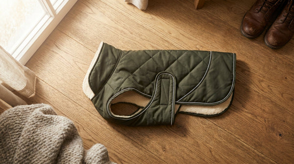 A waterproof insulated dog coat laid flat on a wooden floor, seen from above in soft natural light