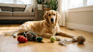 A golden retriever lying on a hardwood floor surrounded by a red rubber chew toy, a plush duck, a tennis ball, a knotted rope, and a treat ball