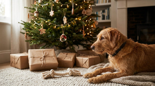 Wrapped gifts and a new rope toy under a decorated holiday tree with a dog waiting nearby on the rug