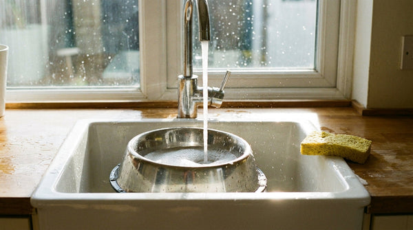 Stainless steel dog bowl under running water in a kitchen sink with soap suds and a yellow sponge resting on the rim