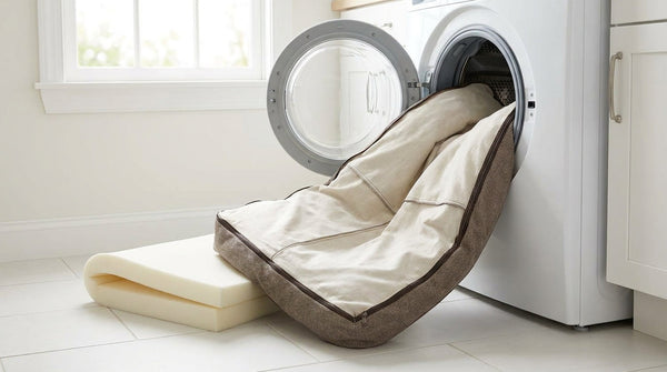 A dog bed cover at the open door of a washing machine beside a foam bed insert resting on a laundry room floor.