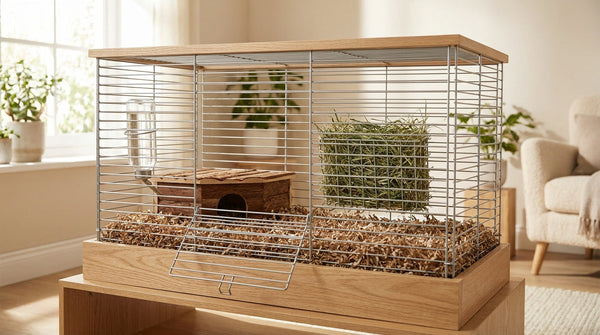 A spacious modern small-animal cage with a wooden hideout, water bottle, and full hay rack on a solid floor