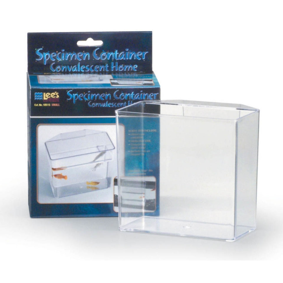 Small clear plastic specimen container with a blue box showing fish in a similar container.