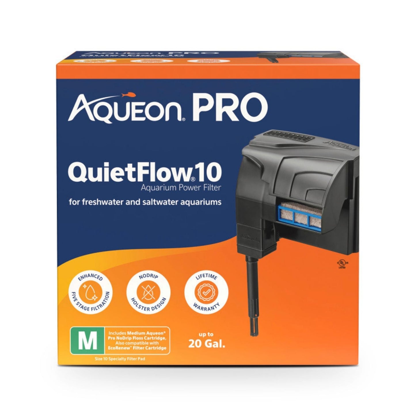 Aqueon PRO QuietFlow Aquarium Power Filter 1ea/Size 10, Up To 20 gal