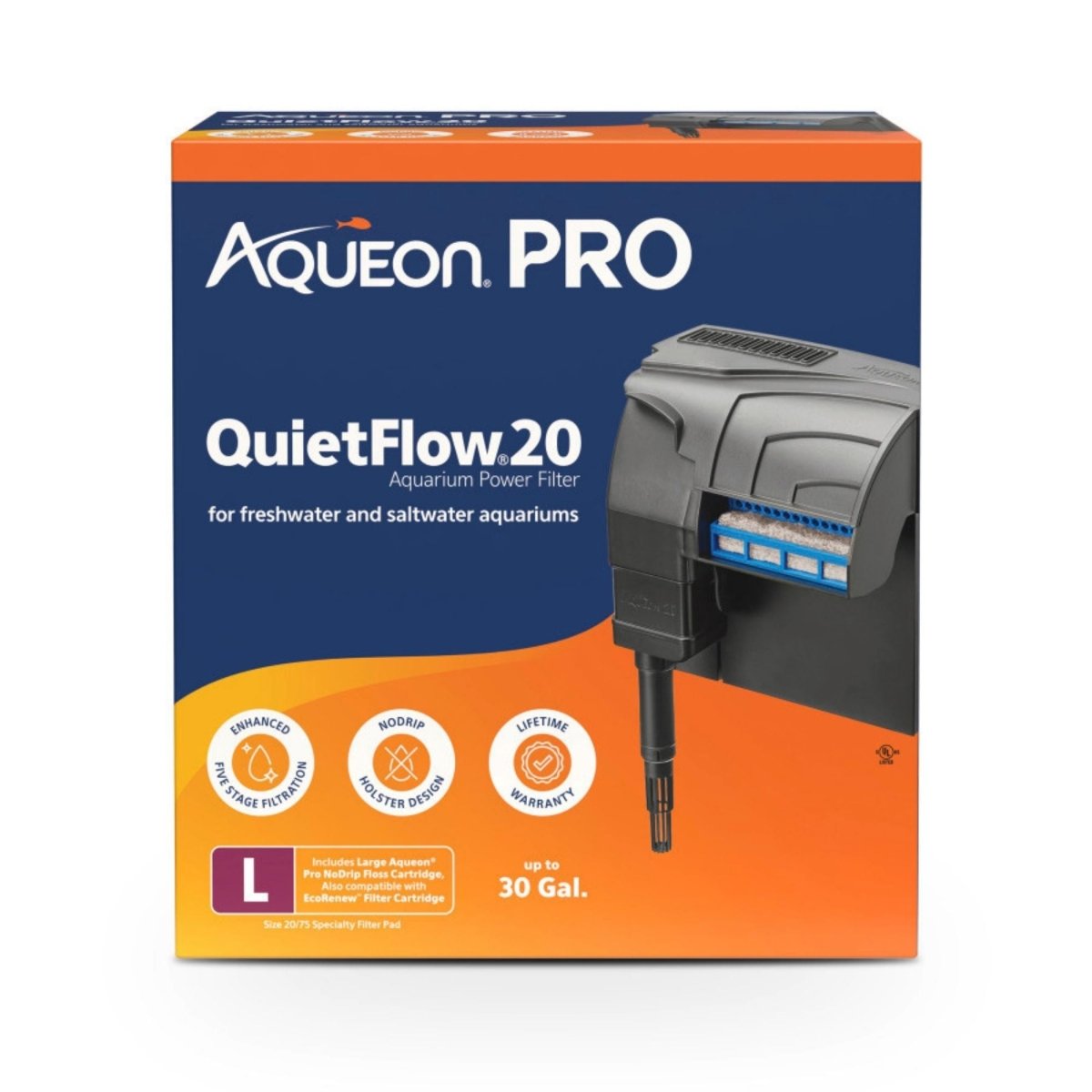 Aqueon PRO QuietFlow Aquarium Power Aquarium Filter Size 20, up to, 30 gal - Pets Perfect