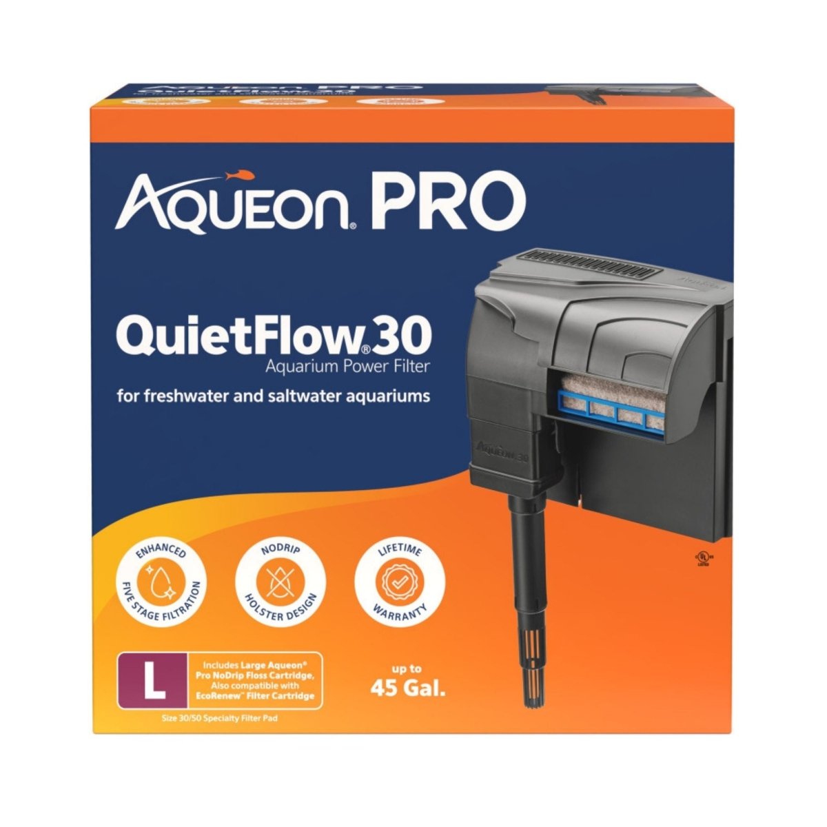 Aqueon PRO QuietFlow Aquarium Power Aquarium Filter Size 30, up to 45 gal - Pets Perfect
