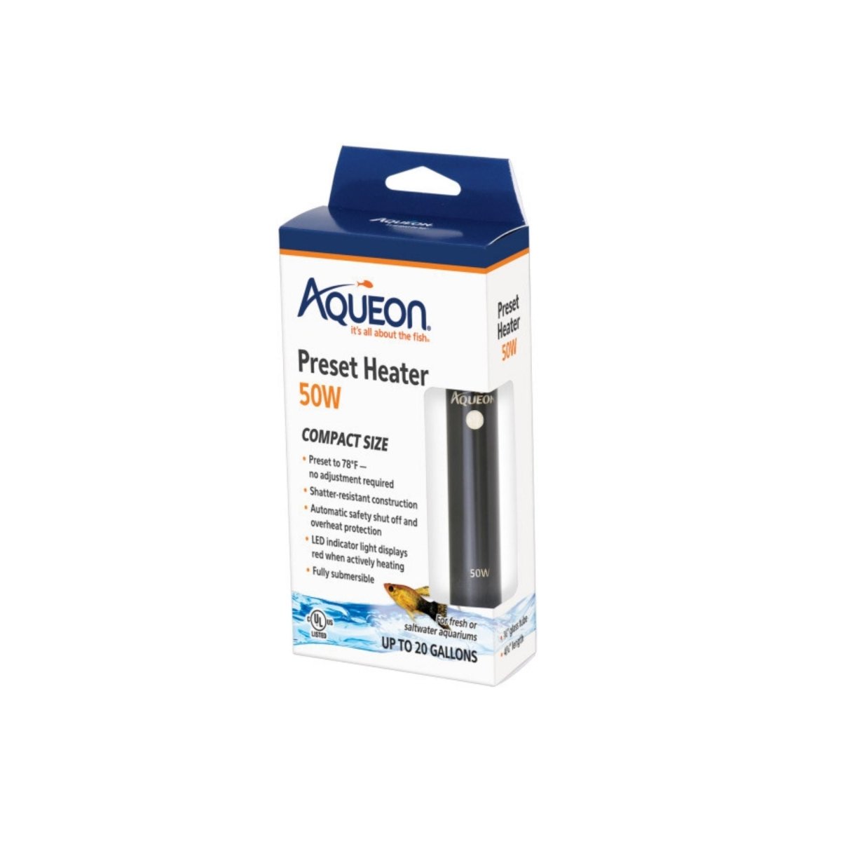 Aqueon Preset Aquarium Heater Black, 50W, up to 20 gal - Pets Perfect