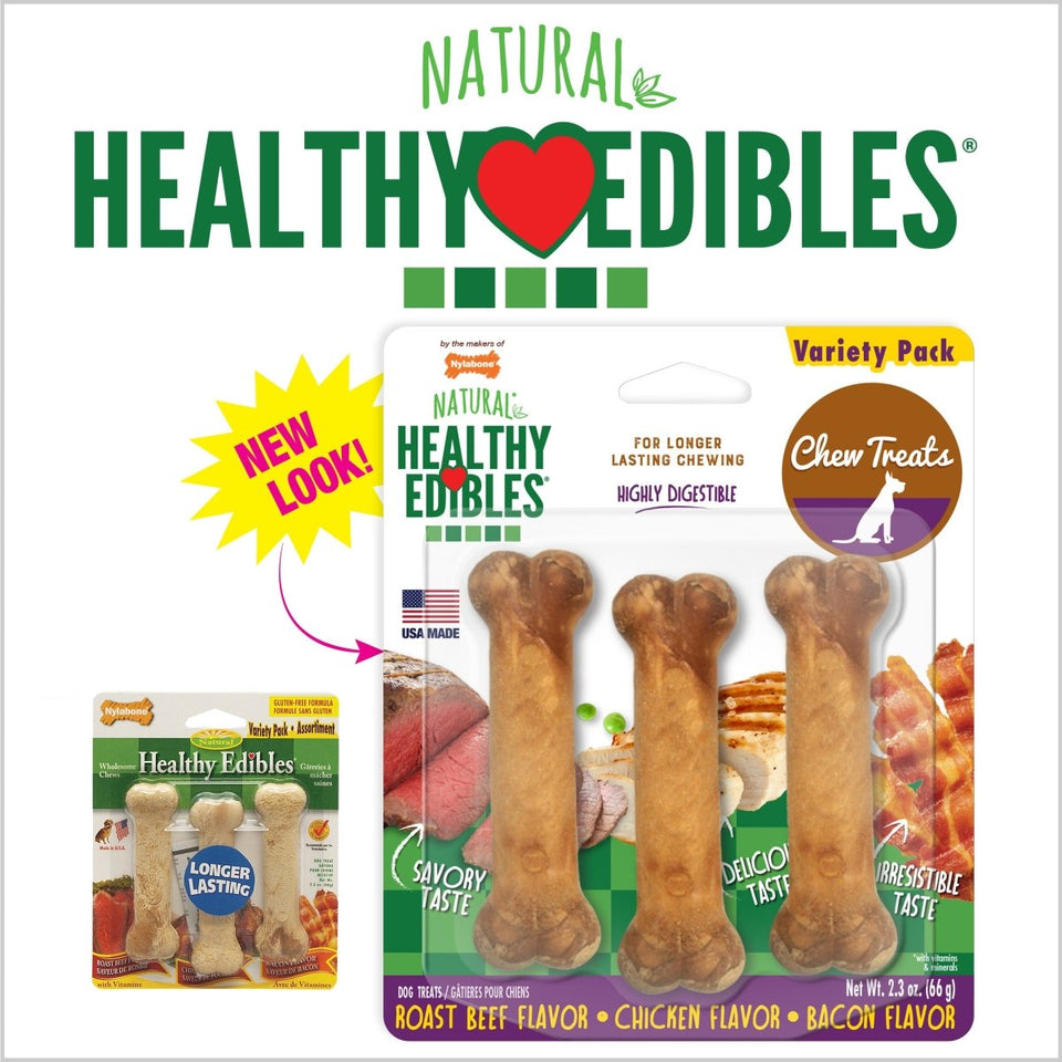 Nylabone Healthy Edibles All-Natural Long-Lasting Dog Chew Treats Variety Pack 3 ct, Petite up to 15 lb - Pets Perfect