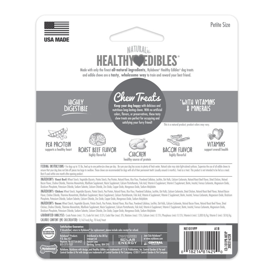Nylabone Healthy Edibles All-Natural Long-Lasting Dog Chew Treats Variety Pack 3 ct, Petite up to 15 lb - Pets Perfect