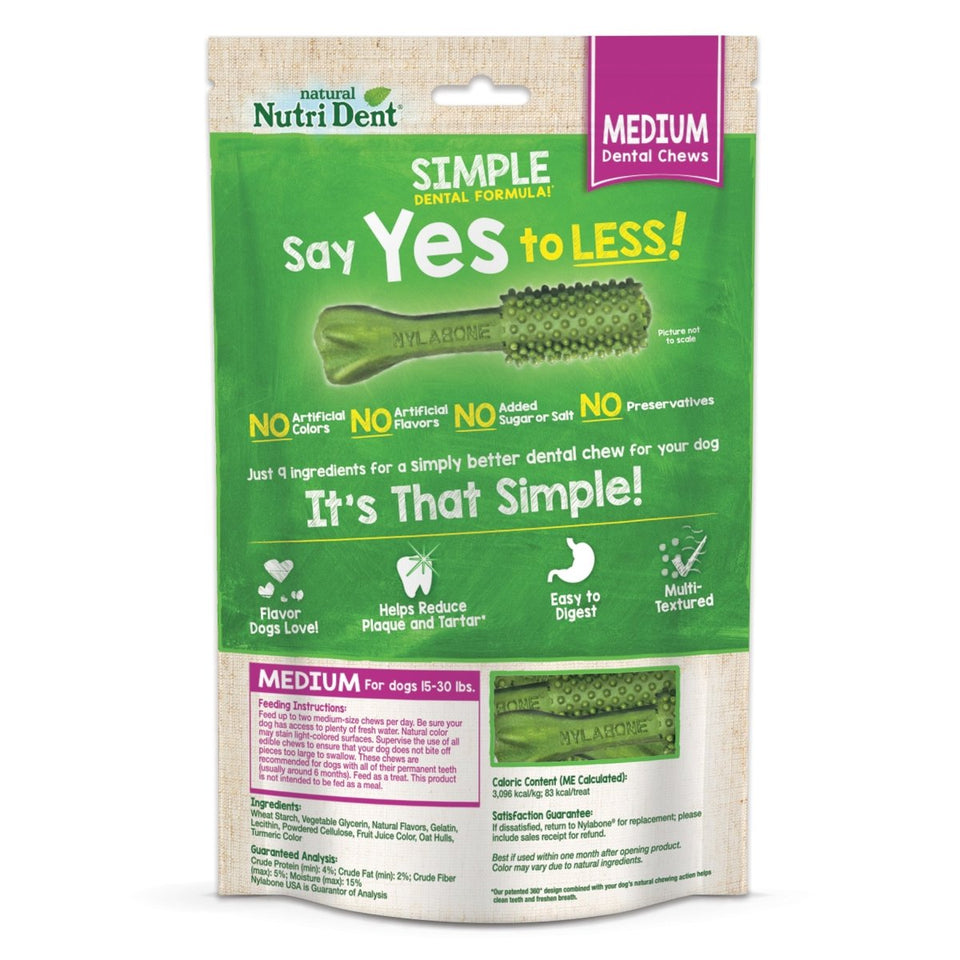 Nylabone Nutri Dent SIMPLE Natural Dental Fresh Breath Flavored Dog Chew Treats Medium, 8 ct - Pets Perfect