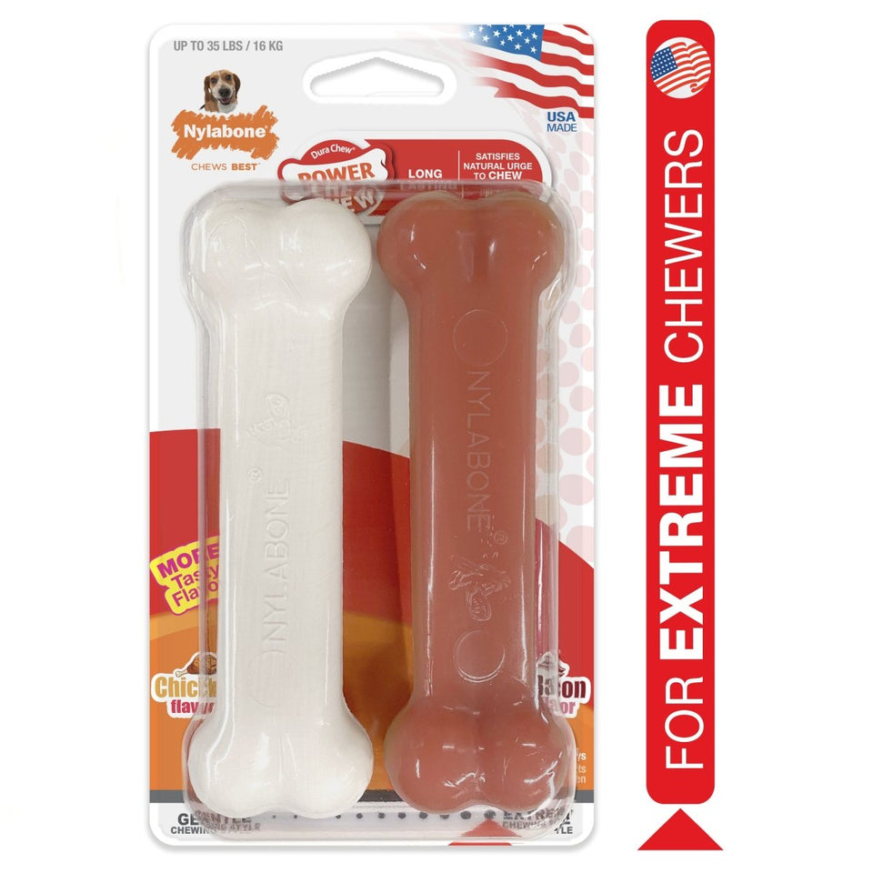 Nylabone Power Chew Bacon Chicken Durable Dog Chew Toy Pack Bacon Chicken, Medium/Wolf up to 35 lb 2 ct - Pets Perfect