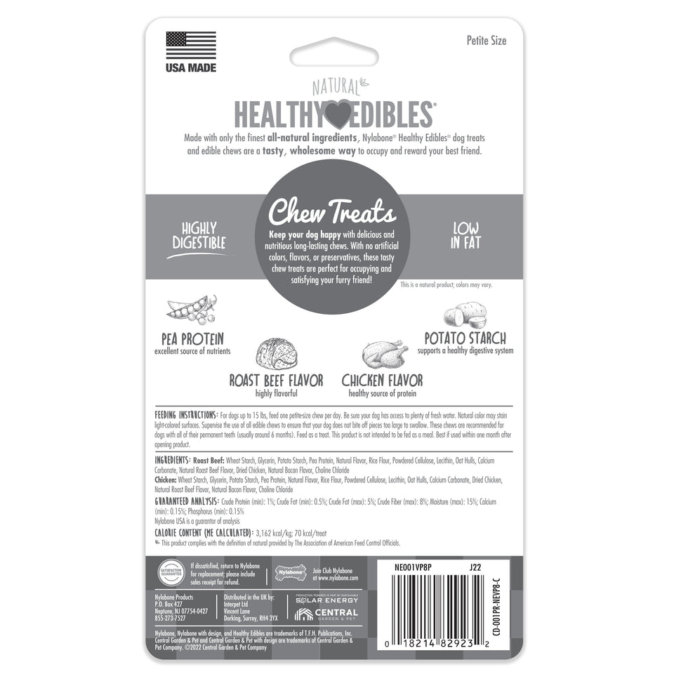 Nylabone Healthy Edibles AllNatural Long Lasting Roast Beef and Chicken Dog Chew Treats Roast Beef Chicken, XS/Petite Up To 15 Lbs. 8 ct