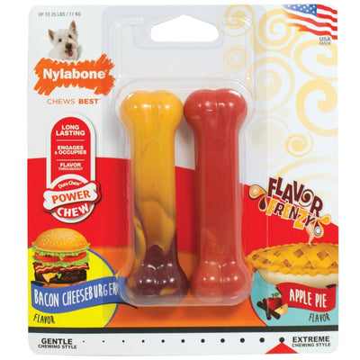 Nylabone Power Chew Flavor Frenzy Durable Dog Chew Toys Twin Pack Bacon Cheeseburger Apple Pie, Small/Regular up to 25 lb. 2 ct - Pets Perfect