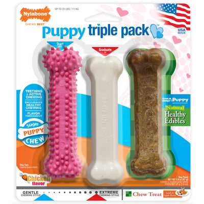 Nylabone Puppy Chew Variety Toy Treat Triple Pack Chicken Lamb Starter Kit, SMall/Regular Up To 25 Ibs.