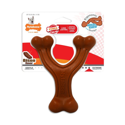 Nylabone Ergonomic Hold Chew Wishbone Power Chew Durable Dog Toy Bison, Small/Regular up to 25 lb - Pets Perfect