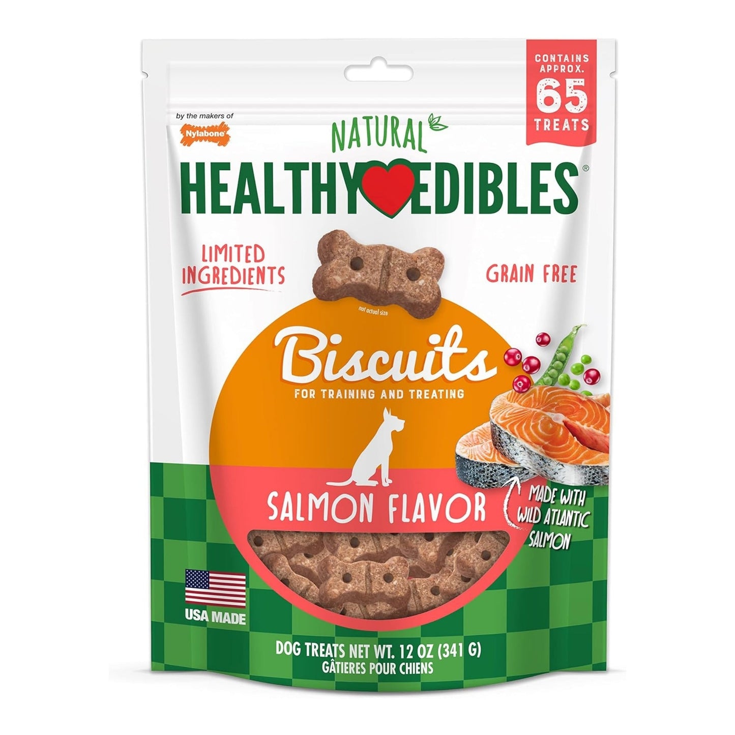 Nylabone Healthy Edibles Biscuits Grain-Free Dog Treats Salmon 12 oz