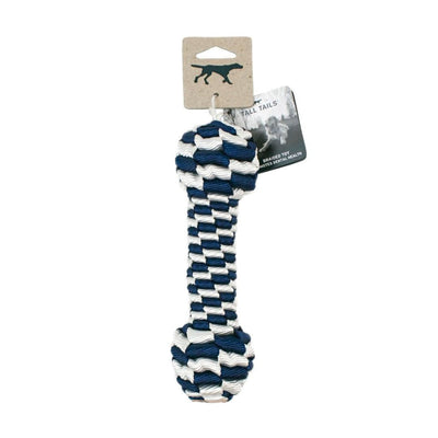 Navy and white braided bone dog toy with "Tall Tails" brand tag and a dog silhouette.