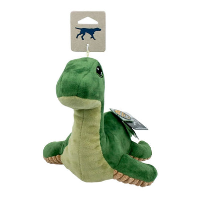 Green Nessie plush dog toy with a hang tag, viewed from the side.