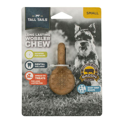 Packaged Tall Tails Small Wobbler Chew in bacon scent, with a black and white dog on the background.