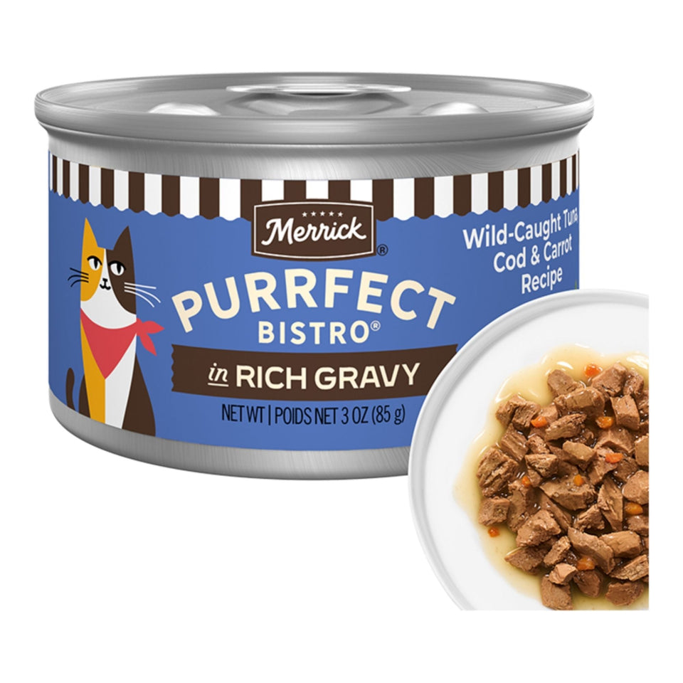 Merrick Cat Purrfect Bistro Delicious Premium High Protein Wild Caught Tuna Cod and Carrot Recipe In Gravy 3oz. (Case of 24)