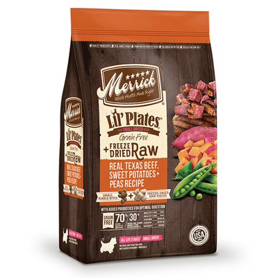 Lil' Plates Freeze Dried Raw Texas Beef, Sweet Potatoes and Peas bag, angled view