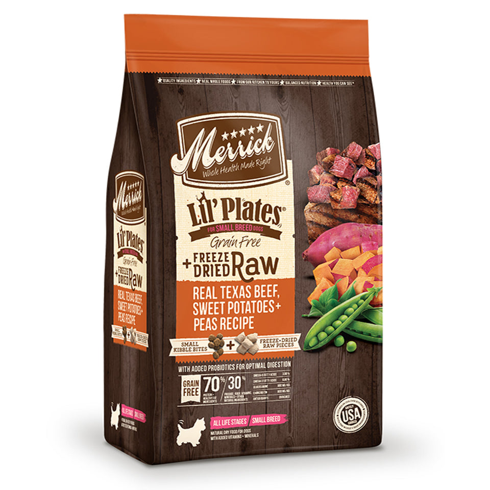 Lil' Plates Freeze Dried Raw Texas Beef, Sweet Potatoes and Peas bag, angled view