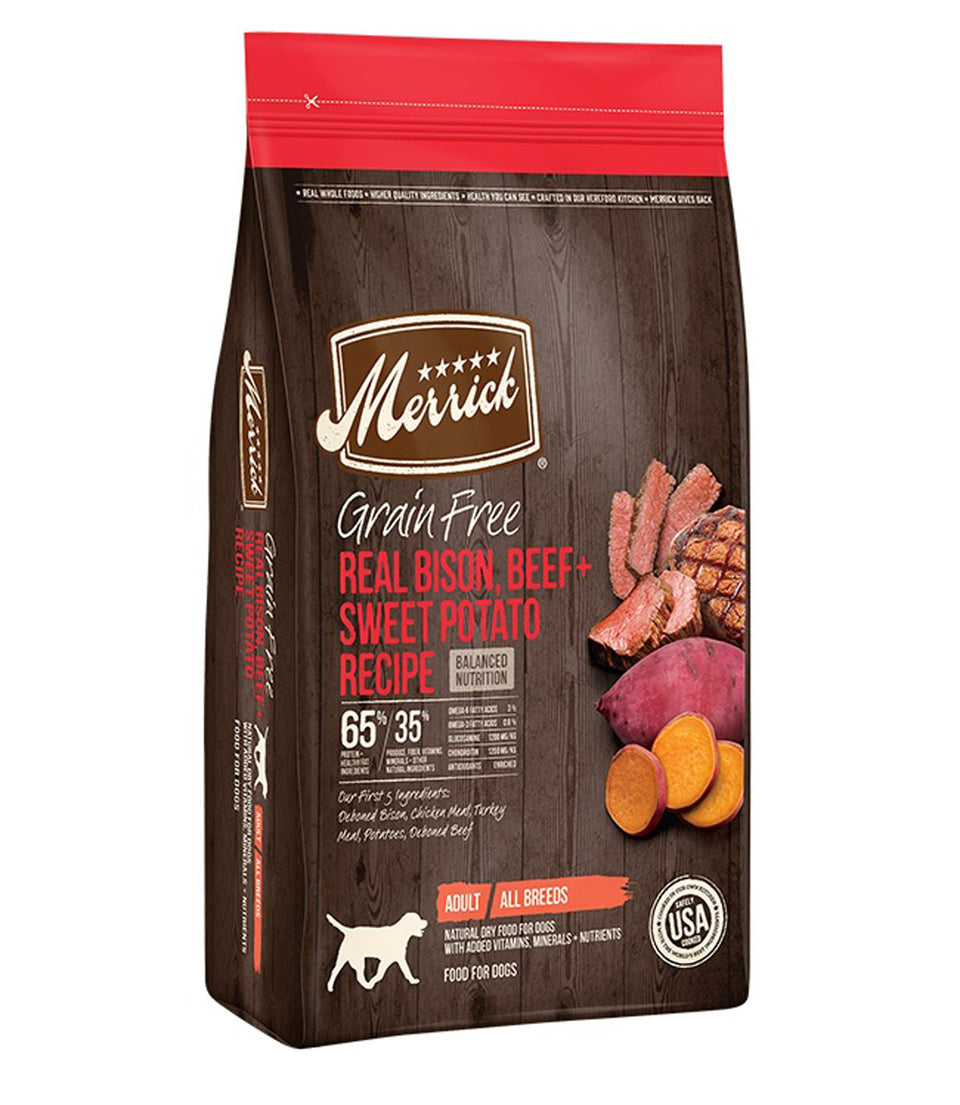 Merrick Grain Free Real Bison, Beef and Sweet Potato dog food bag, side angle