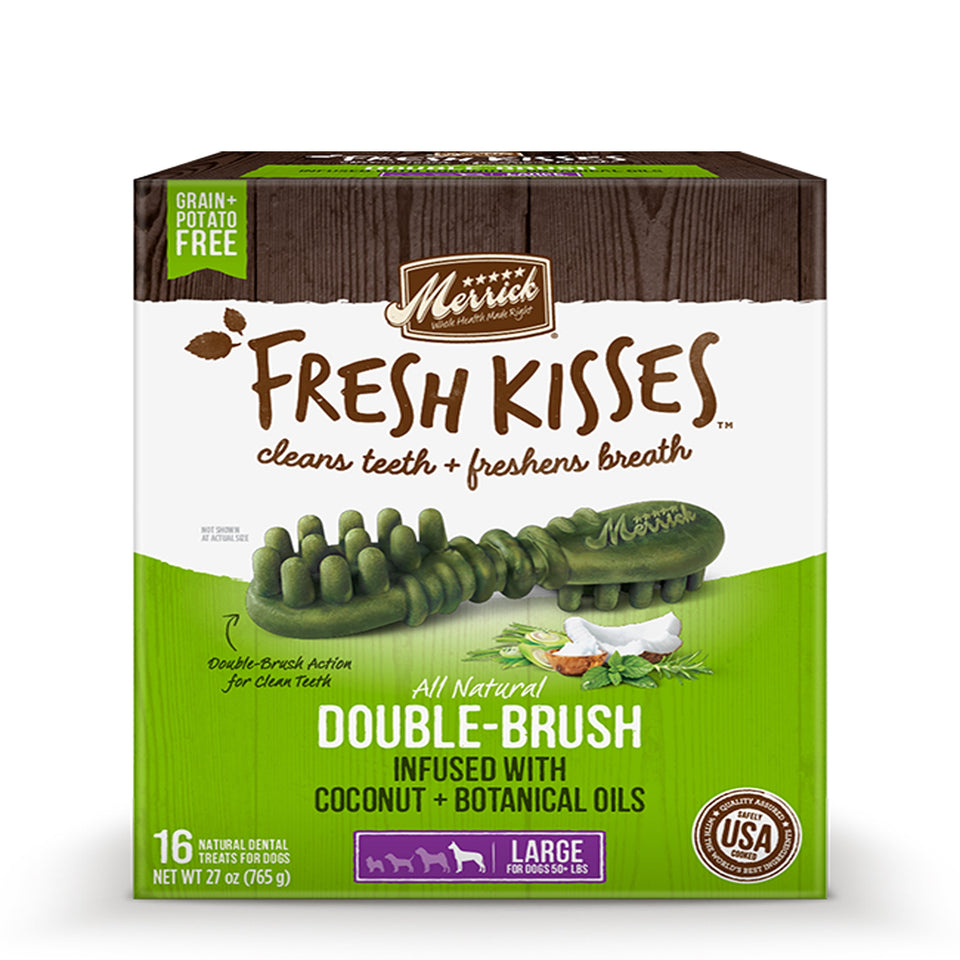Fresh Kisses 16-count box for large dogs showing green double-brush chews