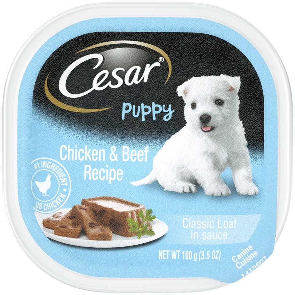 Cesar Puppy Classic Loaf tray, Chicken & Beef Recipe, top-down label view