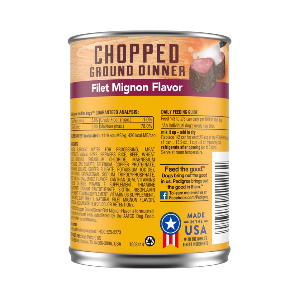 Pedigree Chopped Ground Dinner Adult Wet Dog Food, Filet Mignon, 13.2 oz, 12-Pack
