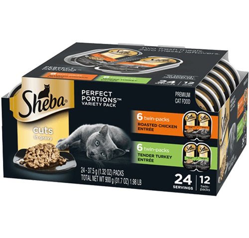 Sheba Perfect Portions Cuts in Gravy Wet Cat Food Variety Pack (Roasted Chicken, Tender Turkey) 2.6oz 12pk - Pets Perfect
