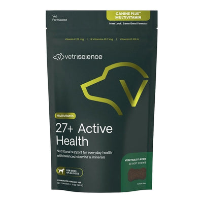 Dark green pouch of VetriScience Canine Plus Multivitamin for dogs, showing a soft chew and key ingredients.