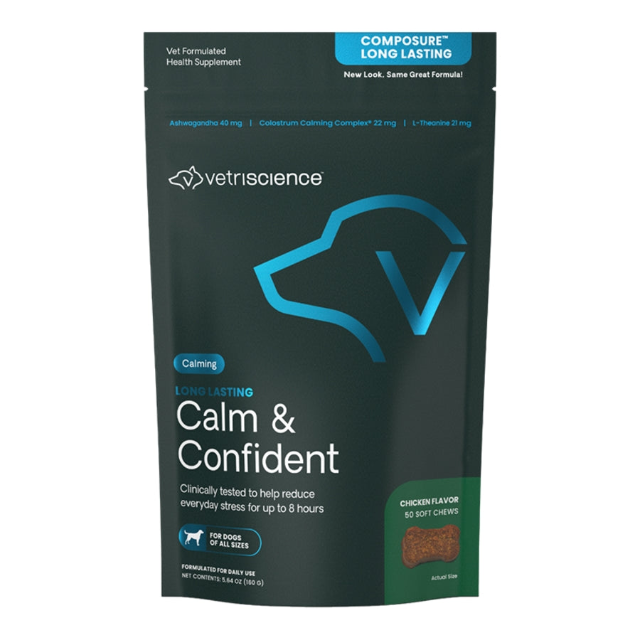 Dark green pouch of VetriScience Composure for dogs, featuring a blue dog head logo and a chicken-flavored chew.