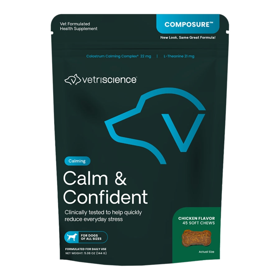 Dark green pouch of VetriScience Composure dog chews, showing a chicken-flavored soft chew and a dog head logo.