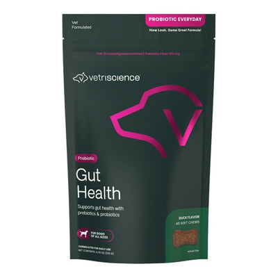 Dark green pouch of VetriScience Dog Probiotic Everyday with pink dog head logo, showing a duck-flavored soft chew.