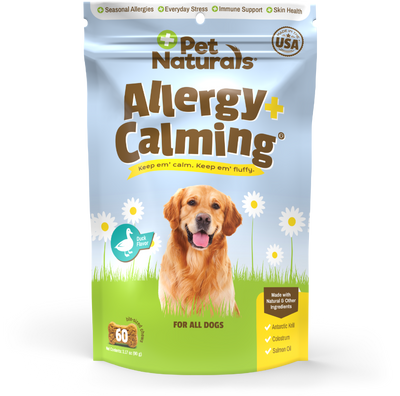 Pet Naturals Allergy + Calming dog chews in a light blue and green pouch with a golden retriever and daisies.