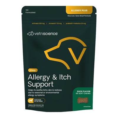 Dark green pouch of VetriScience Allergy & Itch Support for dogs, with a duck-flavored soft chew shown.