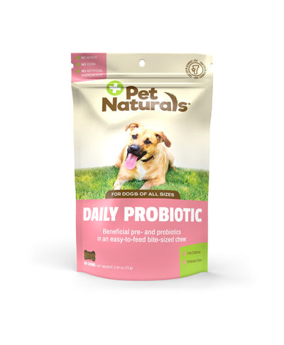 Pet Naturals Daily Probiotic dog chews in a pink and white pouch with a dog on grass.