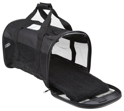 Black soft-sided pet carrier with mesh sides, a plush black mat inside, and the front flap unzipped and open.