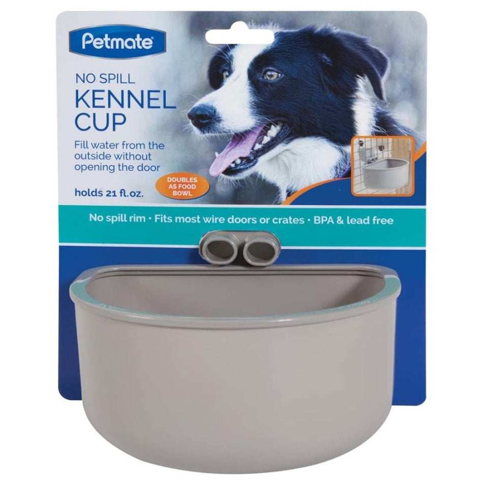Grey Petmate No Spill Kennel Cup in packaging with a happy dog, showing product features and a close-up of the bowl.