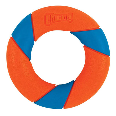 Orange and blue segmented ring-shaped fetch toy with Chuckit logo