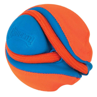 Orange ball wrapped in blue and orange braided rope fetch toy