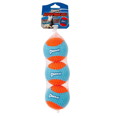 Three blue and orange amphibious balls in mesh netting on backer card