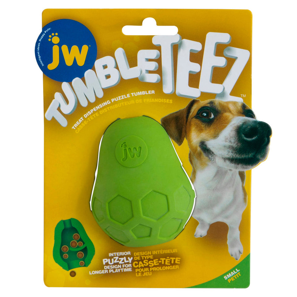 Green pear-shaped Tumble Teez treat tumbler on small-size retail package