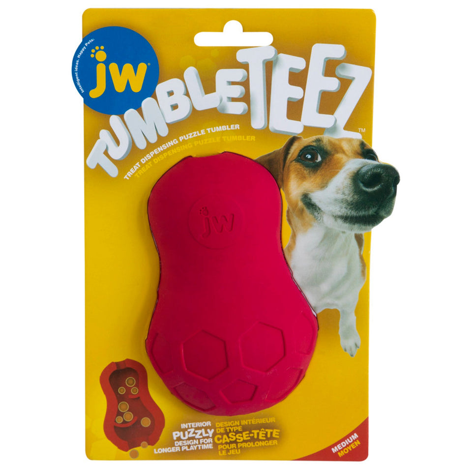Red hourglass-shaped Tumble Teez puzzle toy packaged with terrier mix photo