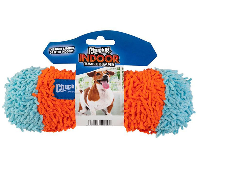 Orange and teal microfiber tumble bumper toy, plush knotted texture, packaged