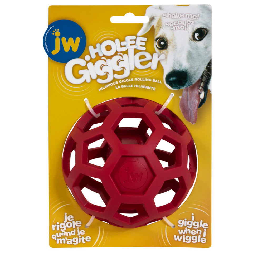 Red honeycomb ball on Hol-ee Giggler packaging beside a close-up dog photo